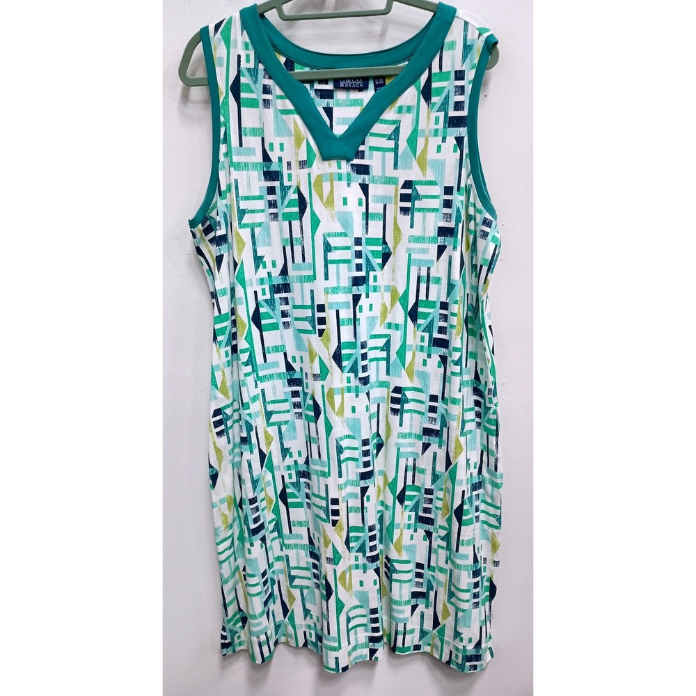 Denim&Co BEACH Dress Womens 1X Green Geometric Sleeveless Casual